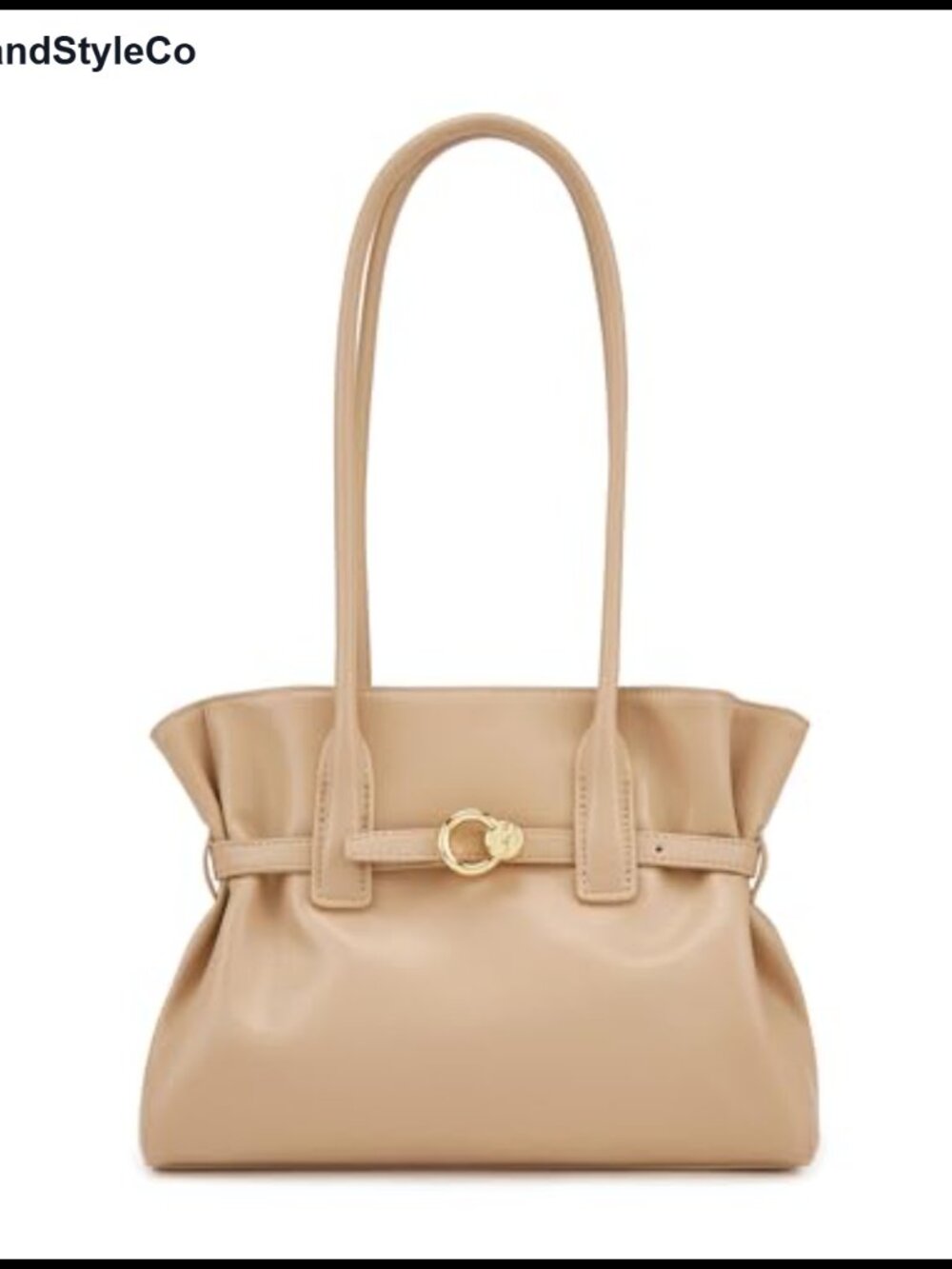 BELTED LEATHER STRUCTURED SHOULDER BAG DUAL TOP HANDLES GOLD HARDWARE